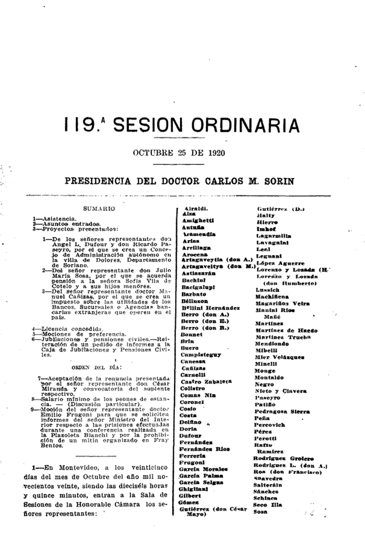 DIARIO DE SESIONES DE LA CAMARA DE REPRESENTANTES del 25/10/1920